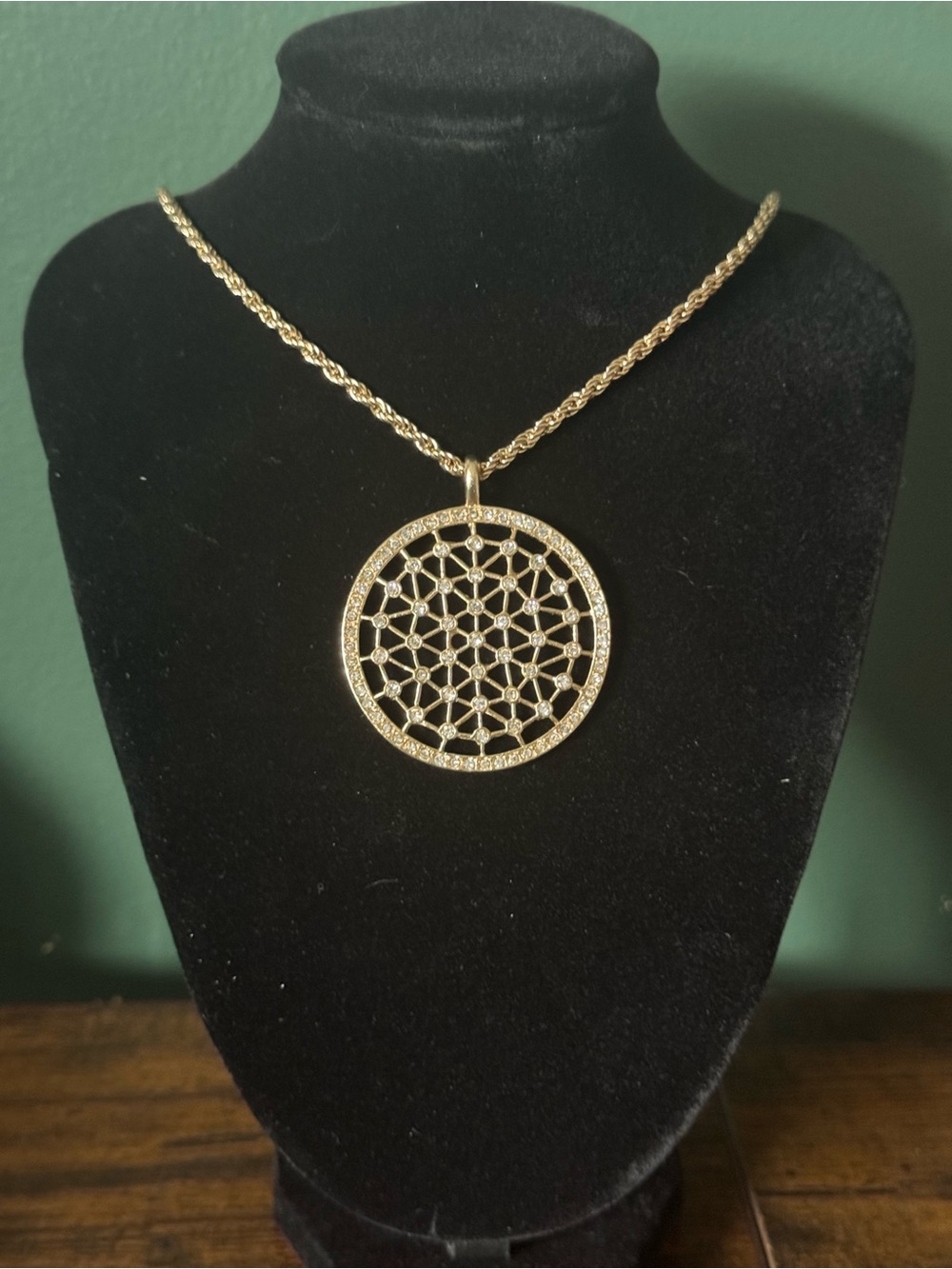 Peter Nygard Gold Tone Crystal Pavé Lattice Circle Pendant Necklace